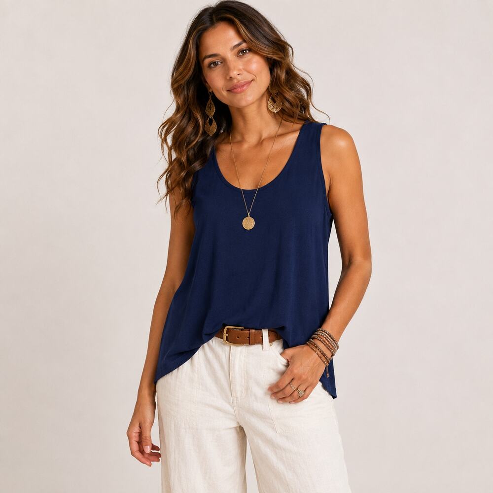 Susan Graver Liquid Knit Sleeveless Blouse Women's Size M Navy Minimalist Office